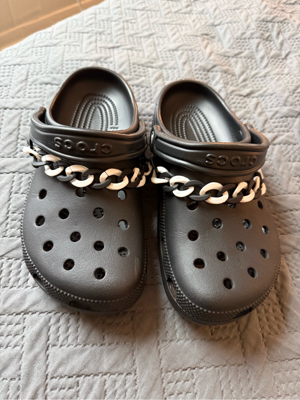 CROCS Women’s Black Clog with Black & White Chain Accent